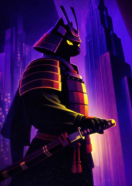 Samurai Cat in Neon Art Deco City
