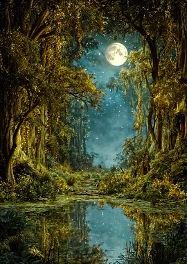 Enchanted Moonlit Forest River Landscape