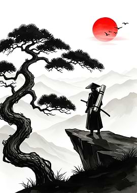 Samurai overlooking a misty landscape