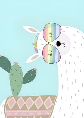 Cute Llama with Rainbow Sunglasses and Cactus