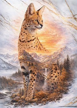 Serval Cat in Mountain Landscape