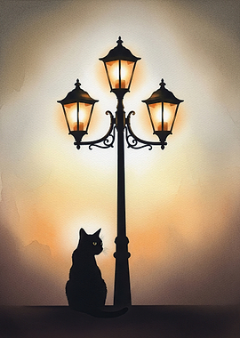Black Cat Under Street Lamp