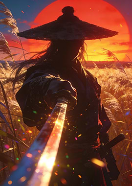 Samurai in a field at sunset