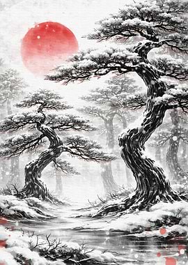 Snowy Pine Forest with Red Sun