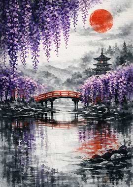 Japanese Garden with Wisteria and Pagoda