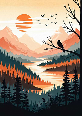 Serene Mountain River Landscape with Bird