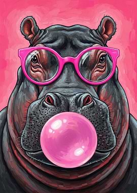 Hippo Blowing Pink Bubble Gum