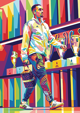 Footballer with Trophies in Pop Art Style