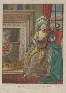 February Woman Playing Lute by Fireplace