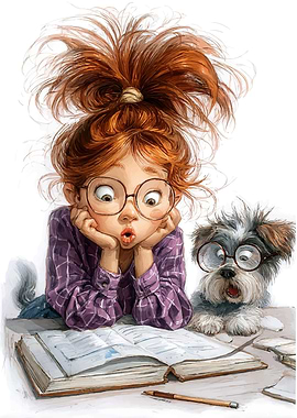 Girl and Dog Studying with Glasses