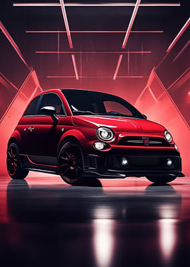 Red Fiat in a Neon Garage