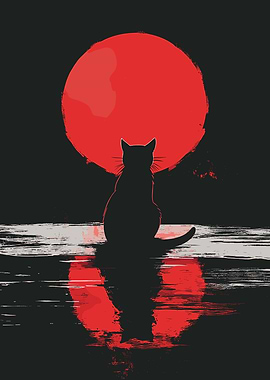 Cat silhouetted against a red moon