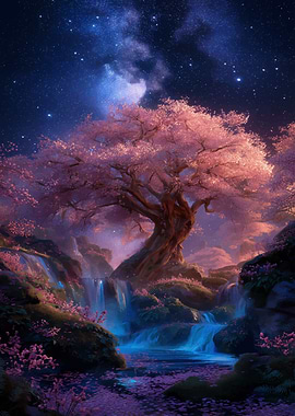Magical Cherry Blossom Tree at Night
