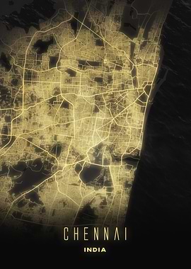 Chennai, India - Illuminated City Streets Map, Wall Poster