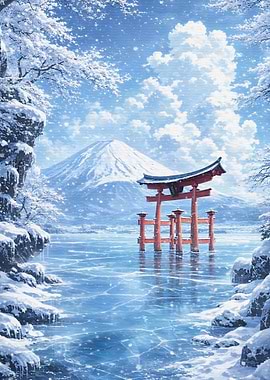 Winter Torii Gate and Mount Fuji