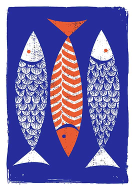 Three Stylized Fish on Blue Background
