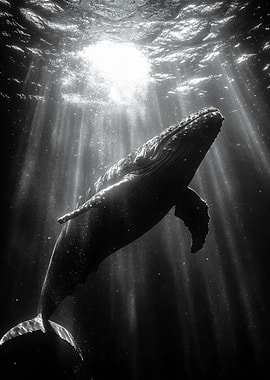 Humpback whale swimming in sunlit ocean