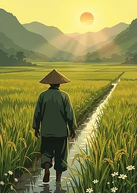 Farmer walking through rice fields at sunset