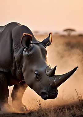 Rhino in the Savannah at Sunset