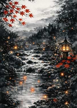Enchanting Japanese Stream with Lanterns