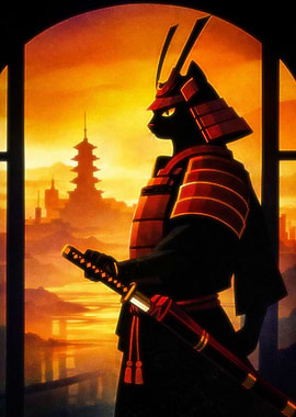 Samurai Cat Warrior Sunset