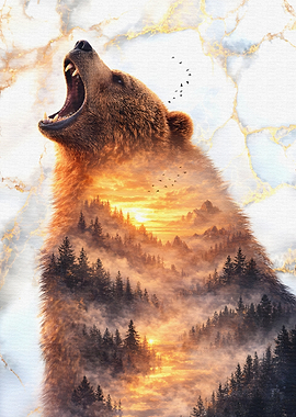 Bear with Forest Sunset Double Exposure