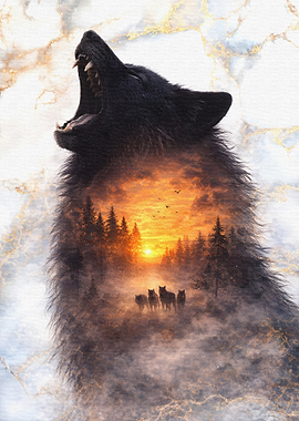 Wolf howling at sunset in forest