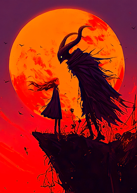 Girl and Demon Under Blood Moon