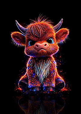 Cute Highland Cow with Colorful Lights