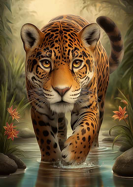 Jaguar Walking Through Water
