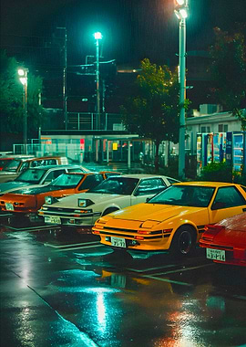 Retro Japanese Sports Cars in Rain
