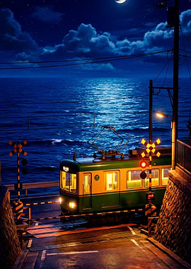 Train Crossing at Night by the Sea