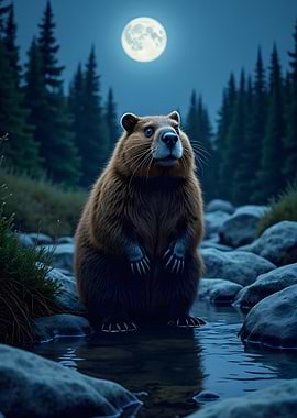 Beaver in a Moonlit Forest Stream