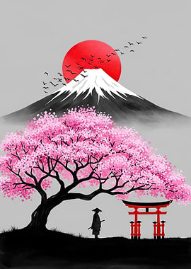 Samurai Under Cherry Blossoms with Mount Fuji