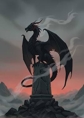 Black Dragon on Stone Pillar
