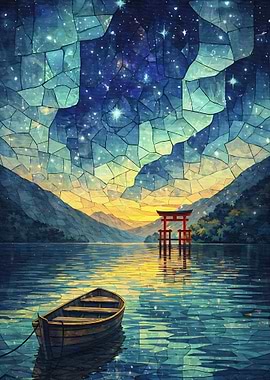 Tranquil Torii Gate at Starlit Lake