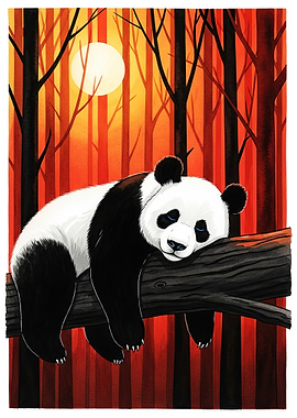 Panda sleeping on a tree branch