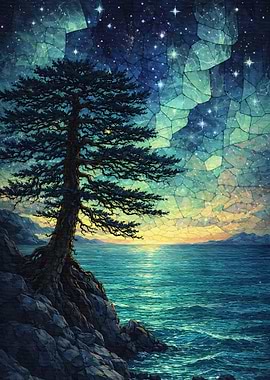 Tree on Rocky Shore Under Starry Sky
