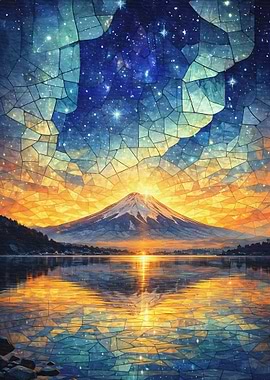 Stained Glass Mountain Sunrise Reflection