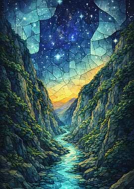 Stained Glass Canyon Under Starry Sky