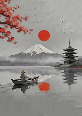 Japanese Landscape with Mount Fuji and Pagoda