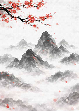Ink Wash Mountains and Cherry Blossoms