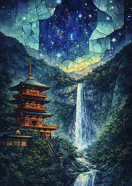 Pagoda Waterfall Under Starry Sky