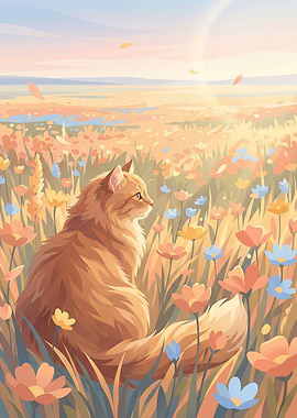 Golden Hour Fluffy Cat in Wildflower Meadow