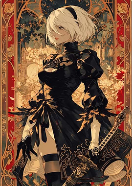 2B in ornate black dress