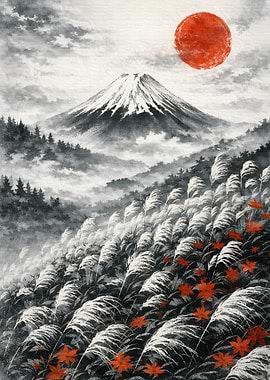 Mount Fuji with Red Sun and Pampas Grass