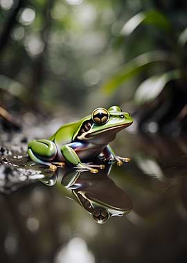Green Tree Frog Reflection in Water