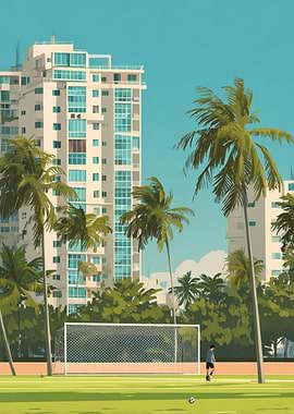 Soccer field with buildings and palm trees