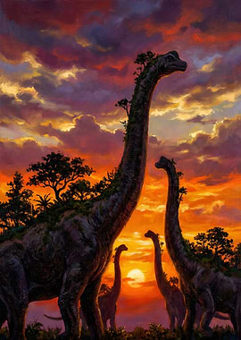 Dinosaurs in a Sunset Landscape