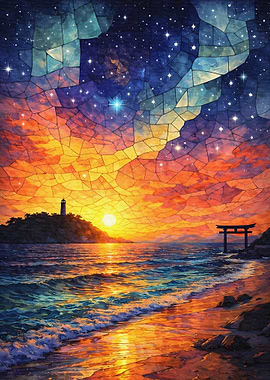 Stained Glass Sunset Over Ocean